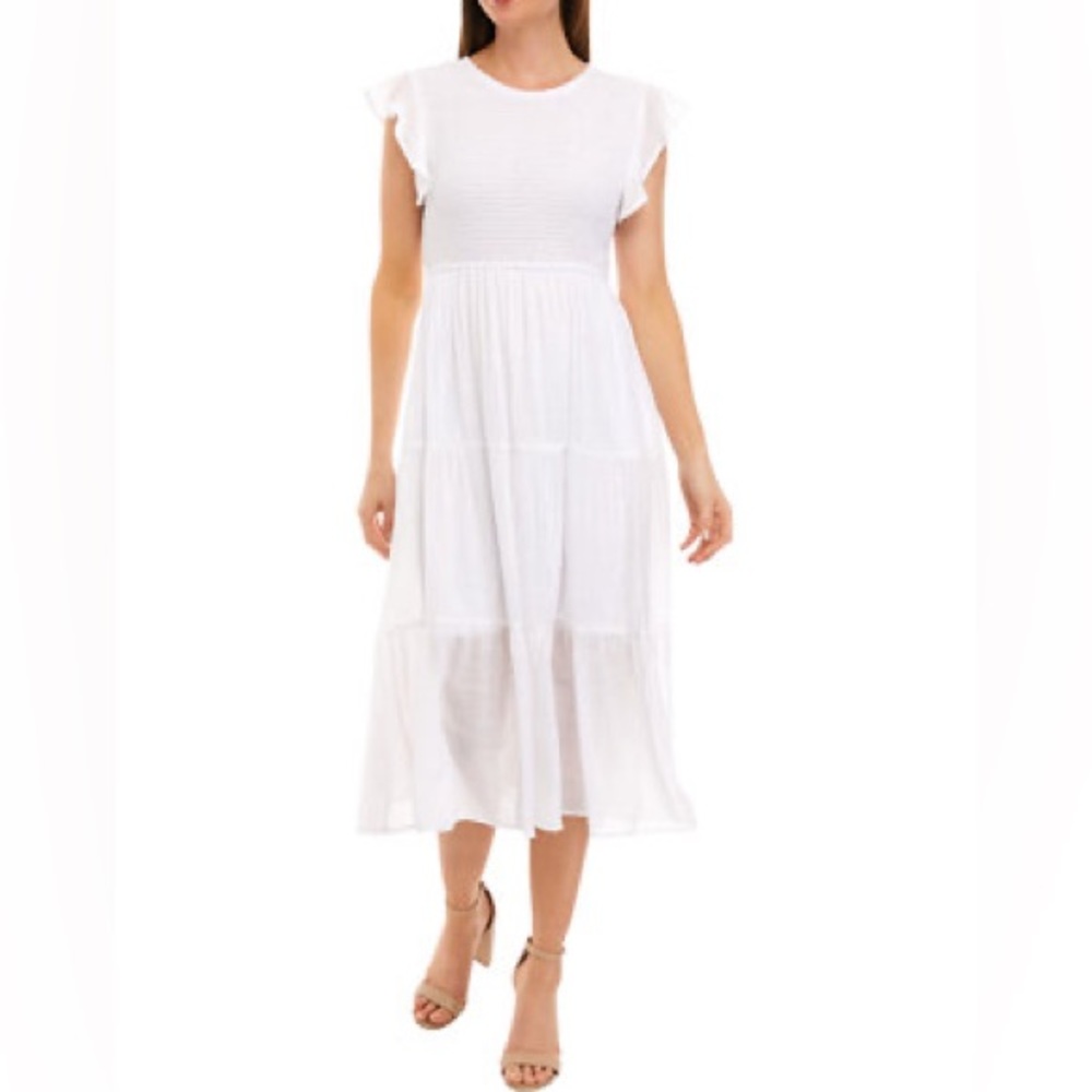 Women's Ruffle Sleeve Smocked lined Gauze Midi Dress POCKETS white